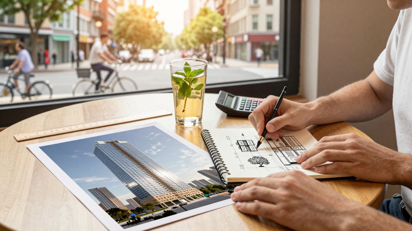 Pessoa desenha um edifício em bloco de notas numa mesa com foto de arranha-céus, bebida e calculadora, na janela de um café.