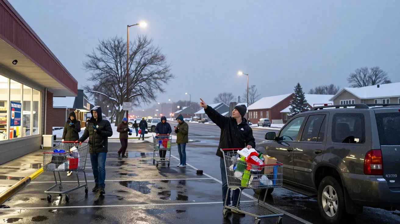 Pessoas com carrinhos fazem fila num parque de estacionamento em frente a um supermercado numa manhã fria e nublada.