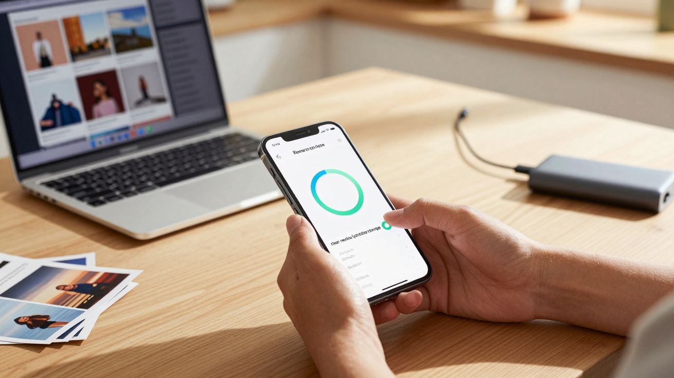 Pessoa usa smartphone com gráfico de dados sentado à mesa, portátil aberto ao fundo.