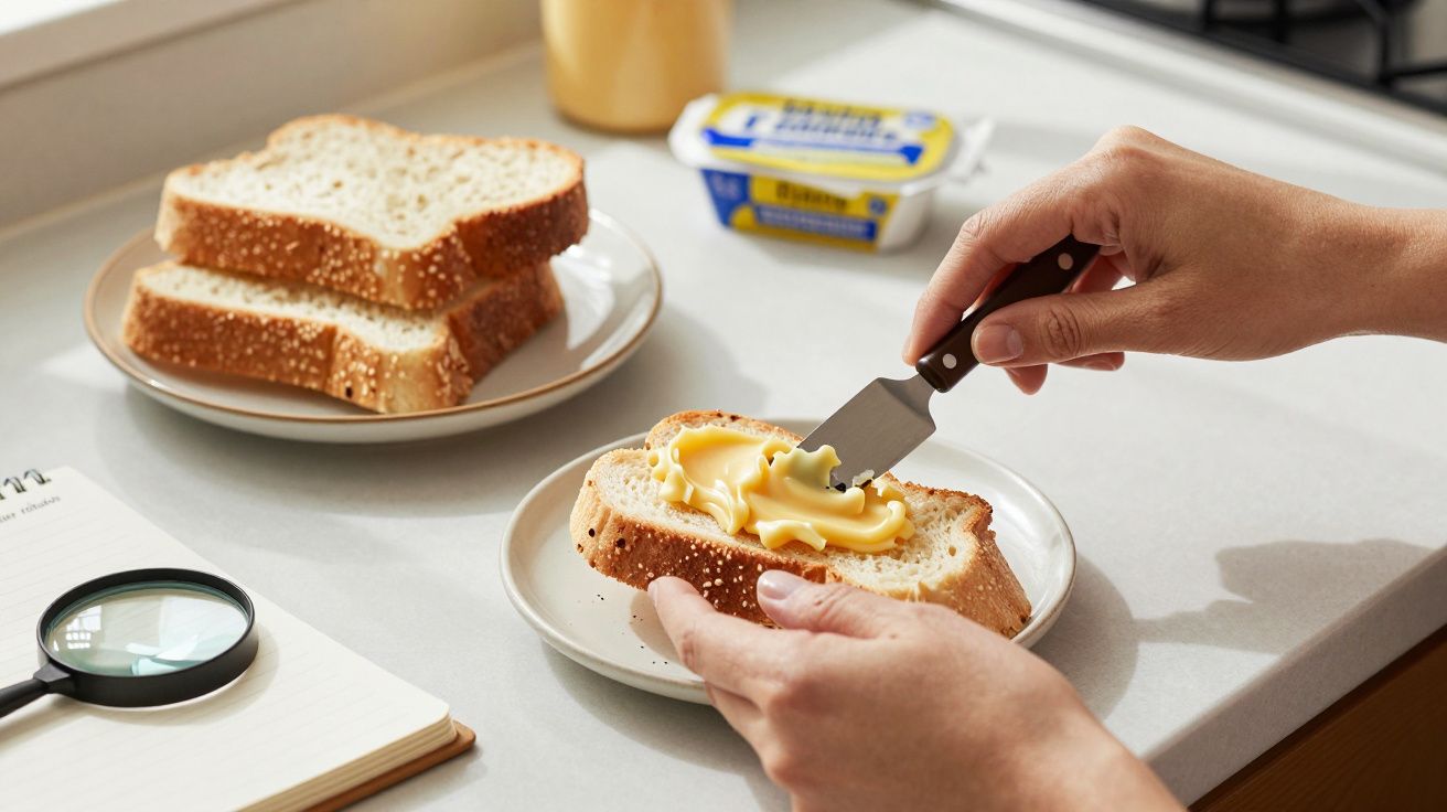 Mãos a barrar manteiga num pão; fatias adicionais e lupa ao lado em bancada de cozinha.