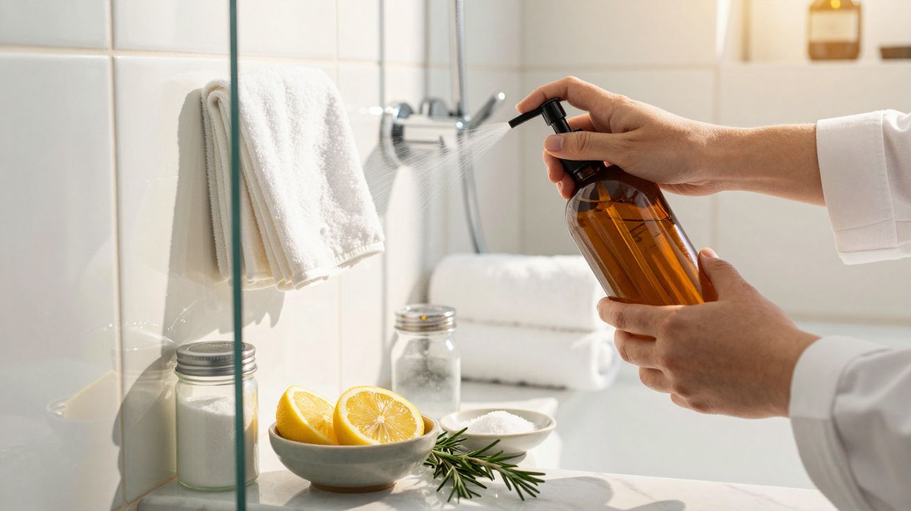 Mãos seguram frasco de spray num lavatório com toalhas, limões cortados e alecrim.