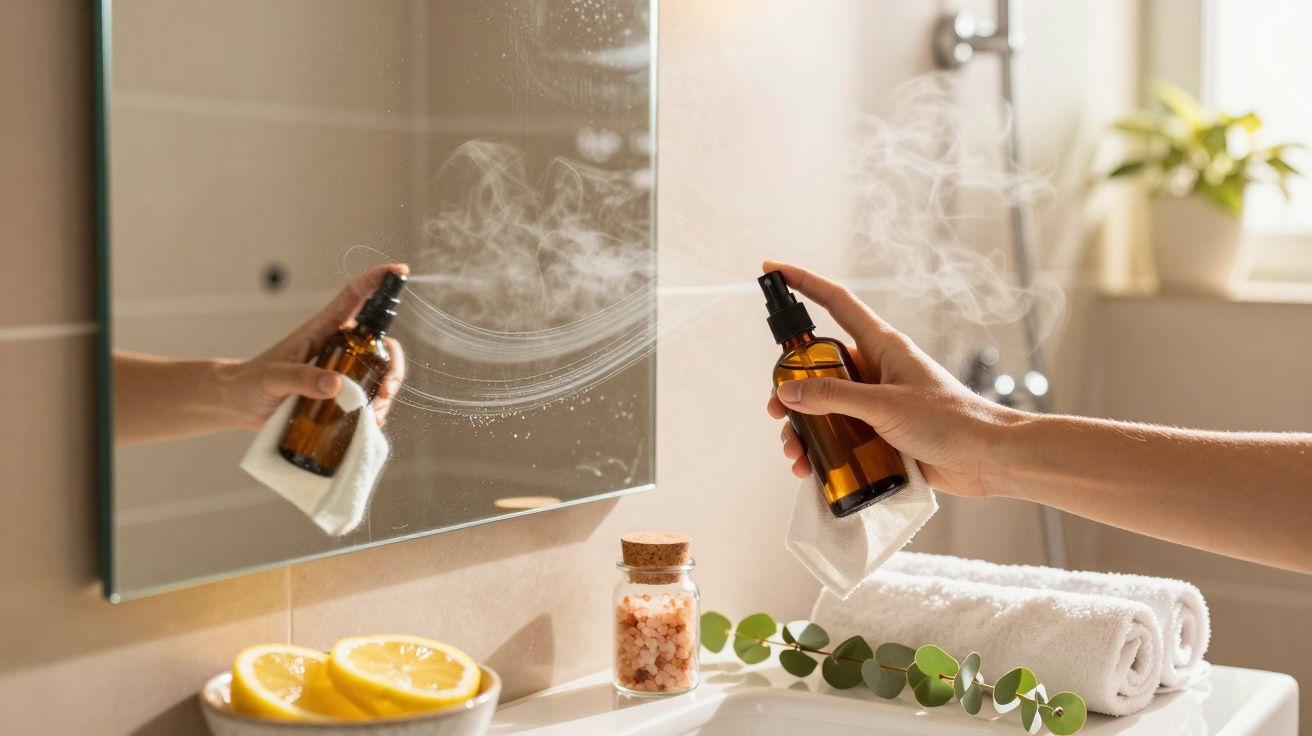 Mão borrifando espelho com spray em casa de banho, com limões, toalhas e planta decorativa na bancada.