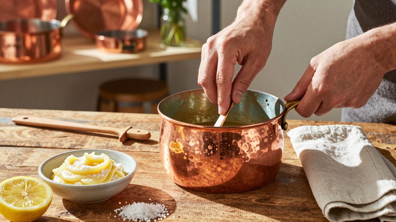 Mãos a mexer num tacho de cobre, com creme, limão cortado e sal numa bancada de madeira.