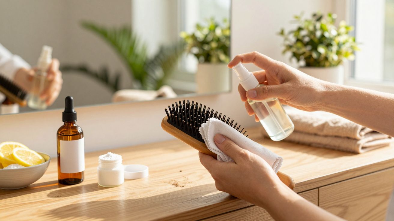 Pente a ser limpo com spray e pano, sobre uma bancada com frasco, toalhas e limões.