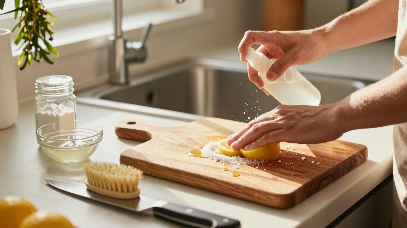Mãos limpando uma tábua de madeira com limão e sal na cozinha, ao lado de uma escova e faca.