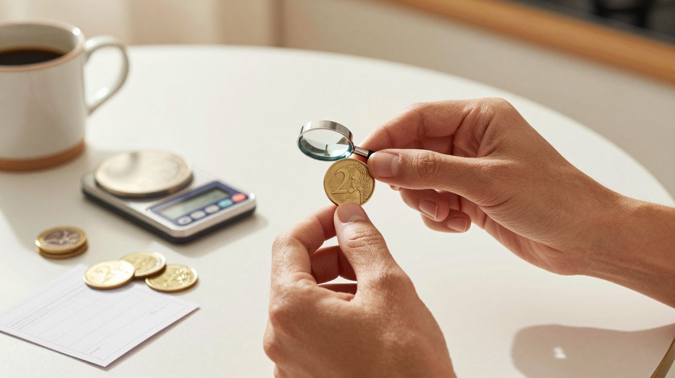 Mãos seguram moeda de dois euros sob lupa, com balança e café ao fundo numa mesa branca.