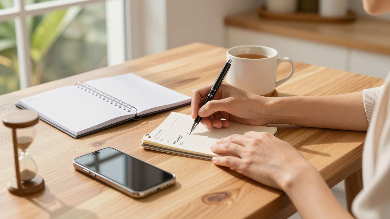 Pessoa escreve num bloco de notas numa mesa com chávena de café, telemóvel, bloco aberto e ampulheta.