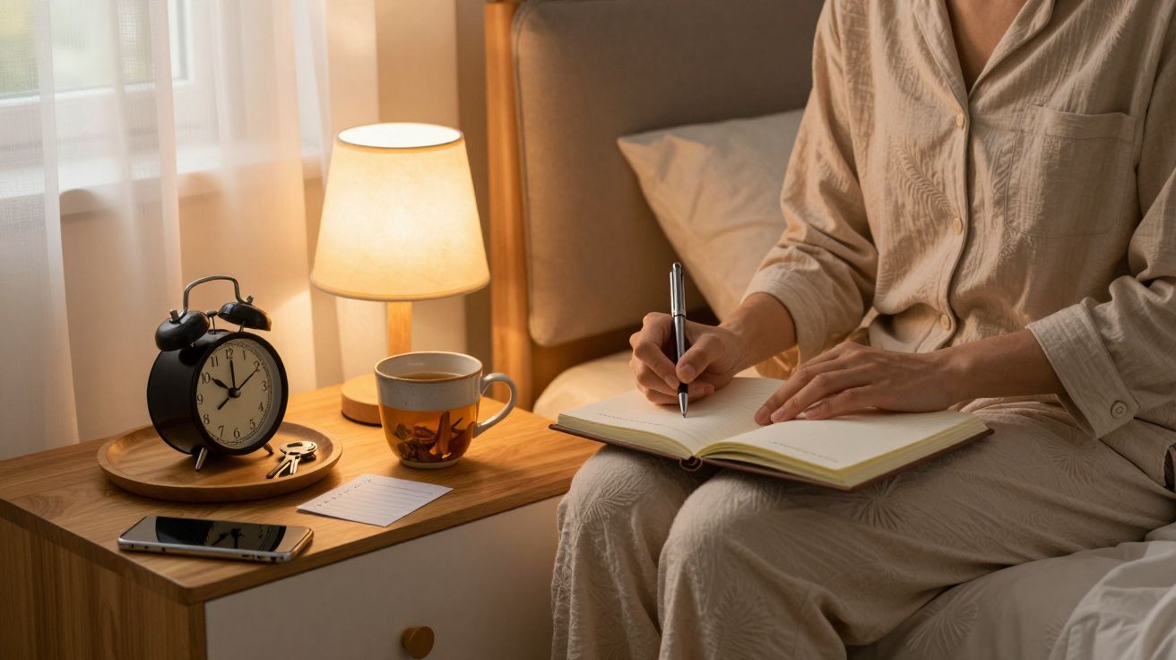 Pessoa escreve num caderno na cama ao lado de um candeeiro, despertador e chávena sobre a mesa de cabeceira.