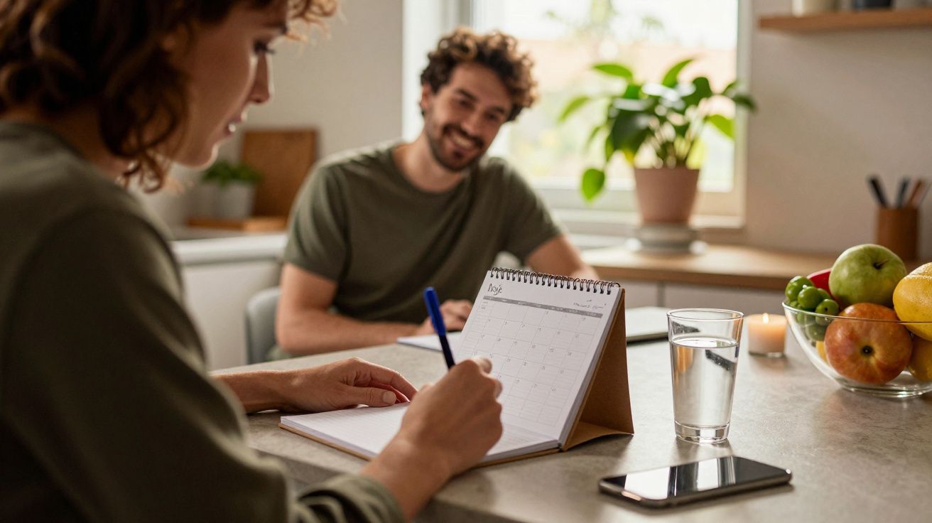 Mulher escreve num calendário na mesa, enquanto um homem sorri. Há frutas, copo de água e uma planta ao fundo.