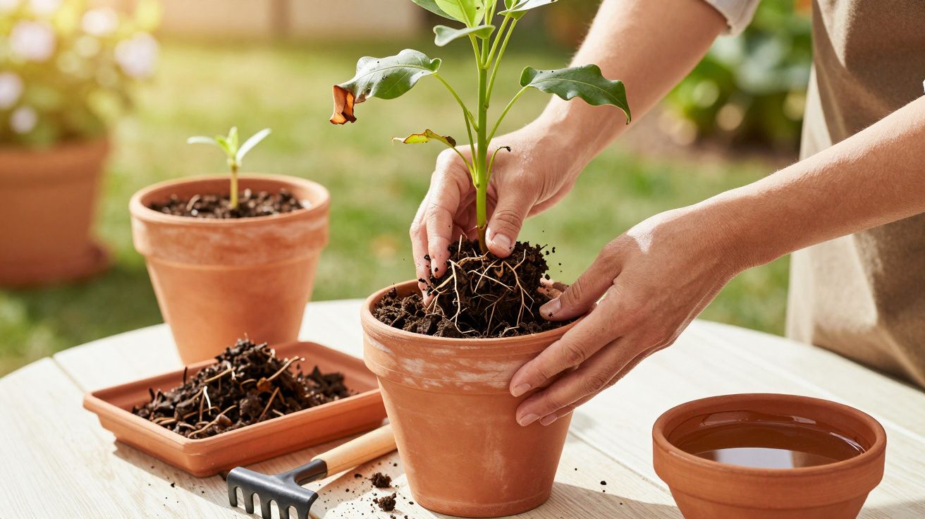 Pessoa transplantando planta num vaso de barro em mesa com ferramentas de jardinagem e vaso com água.