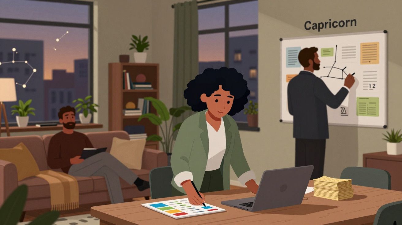 Mulher trabalha em mesa com portátil e papéis, homem no sofá lê, segundo homem analisa gráfico na parede.