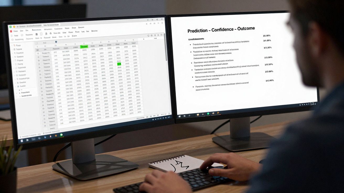 Homem trabalha com dois monitores, um com folha de cálculo, outro com documento de texto.