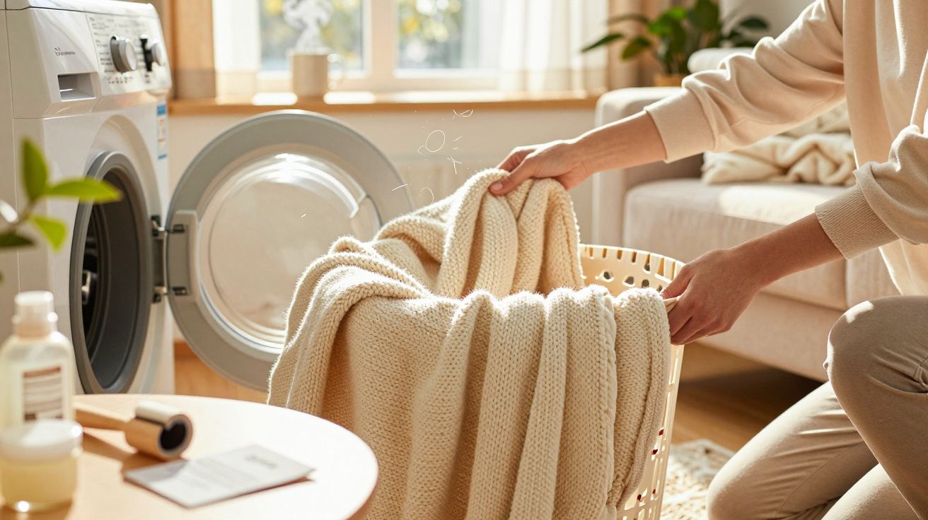 Pessoa a colocar um cobertor de malha numa máquina de lavar roupa numa sala iluminada pelo sol.