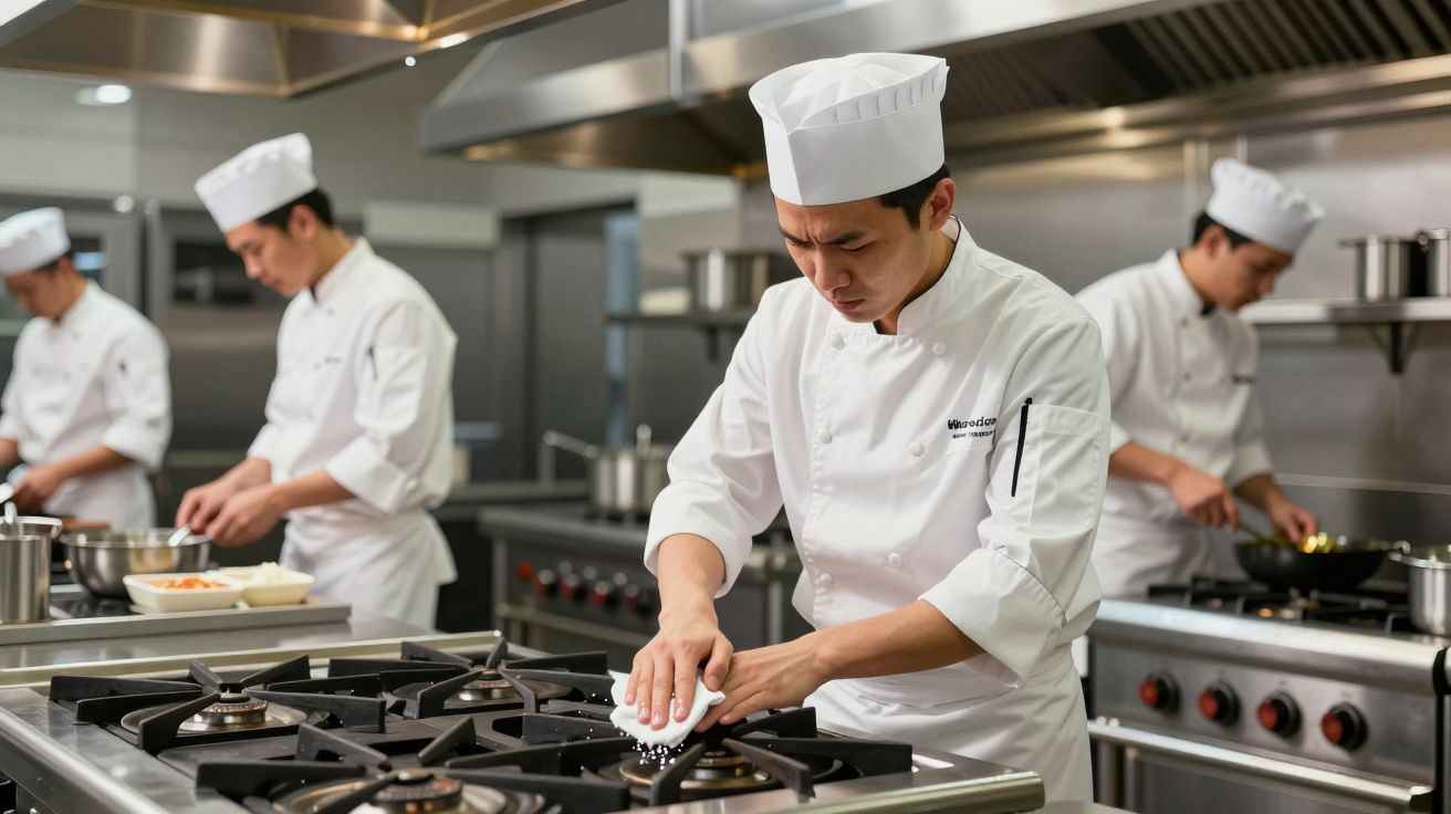 Cozinheiros com uniformes brancos preparam pratos numa cozinha profissional moderna, concentrados nas suas tarefas.