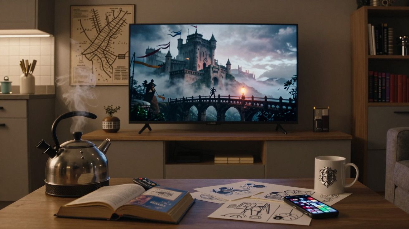 Sala de estar com chávena, livro aberto, esboços, televisão a mostrar um castelo e uma chaleira a ferver na mesa.