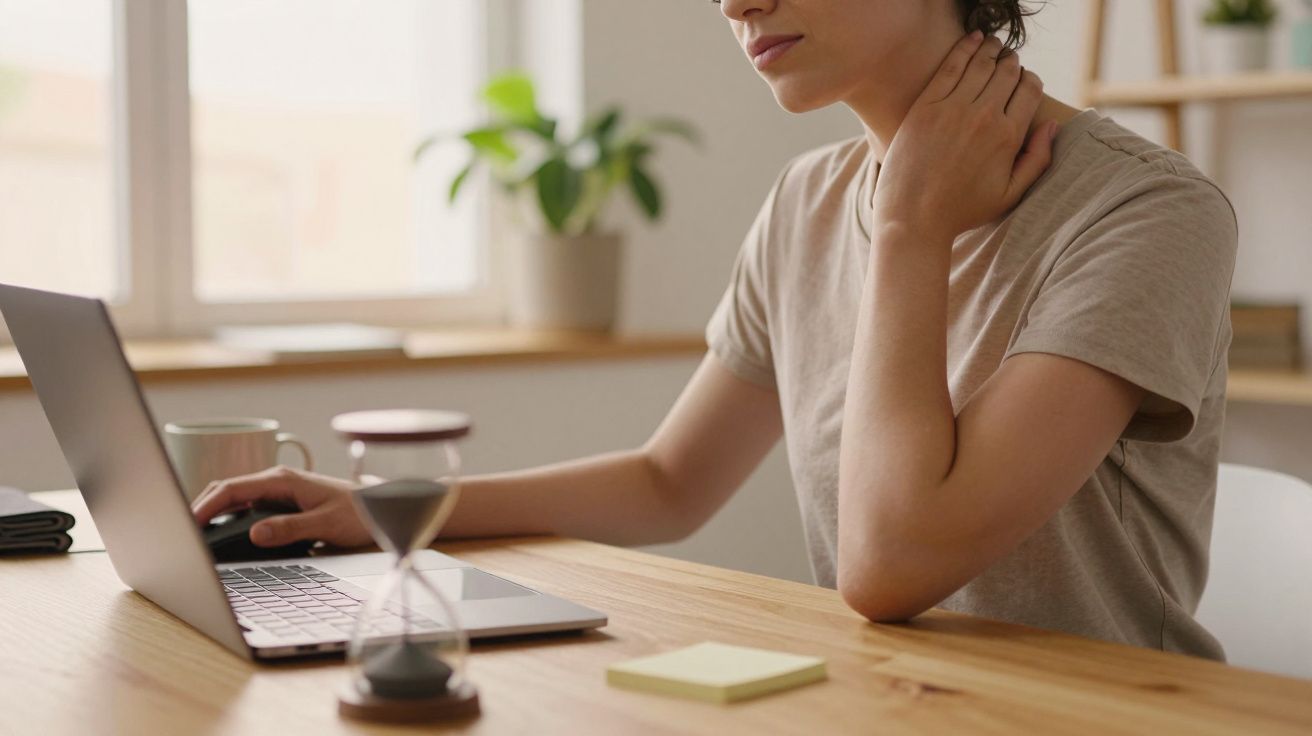 Mulher em trabalho remoto no computador, segurando o pescoço; ampulheta e planta no fundo.