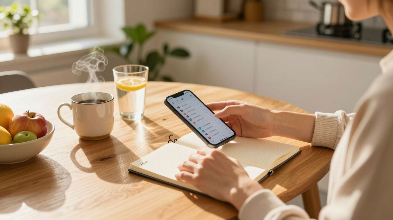 Pessoa usa smartphone numa mesa de madeira com chávena de café fumegante, copo de água com limão e caderno.