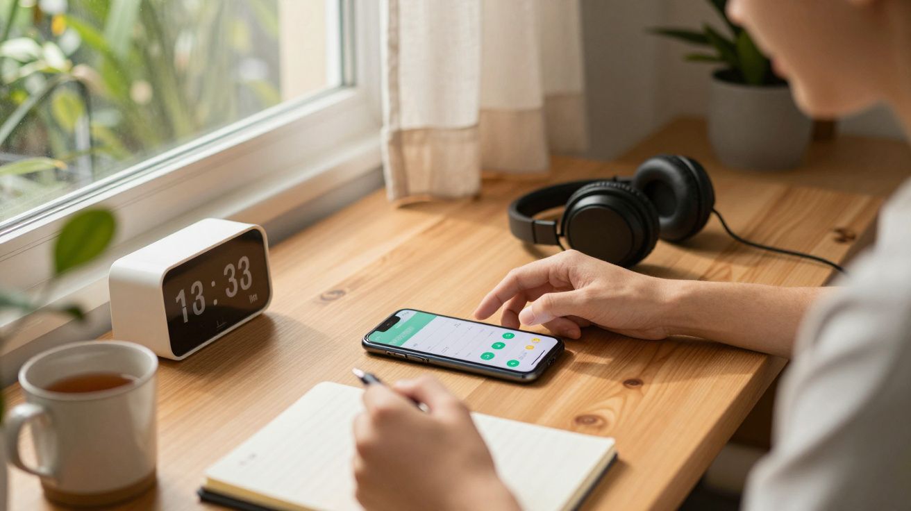 Pessoa a utilizar smartphone numa mesa com caderno, relógio digital e auscultadores, junto a uma janela.