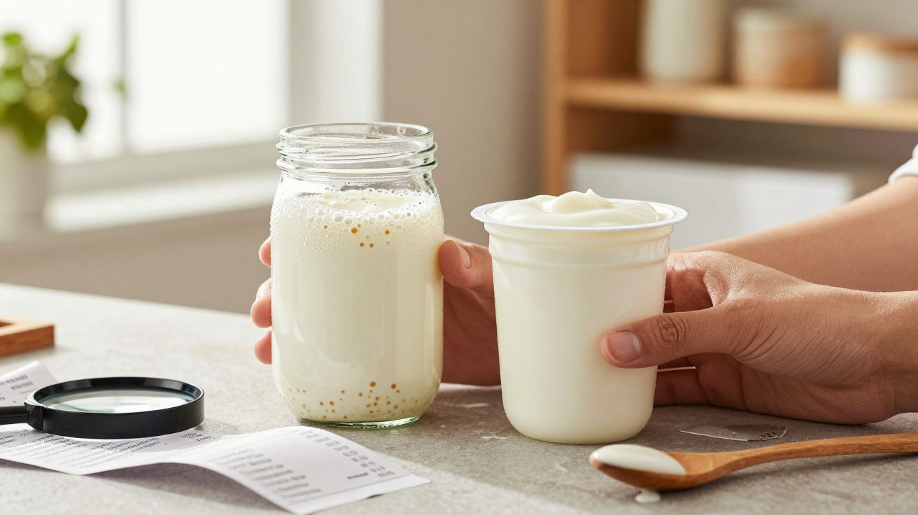 Mãos seguram dois recipientes: um frasco de vidro com leite fermentado e um copo de plástico com iogurte cremoso.