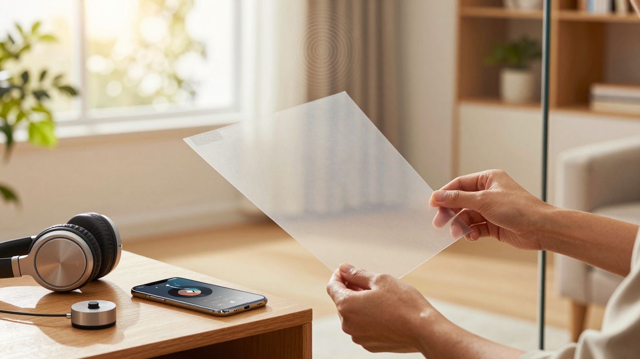 Pessoa segurando uma folha transparente em ambiente moderno, com headphones e smartphone na mesa.