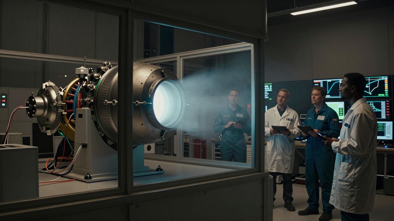 Grupo de engenheiros testa equipamento avançado em laboratório, com ecrãs e gráficos ao fundo.