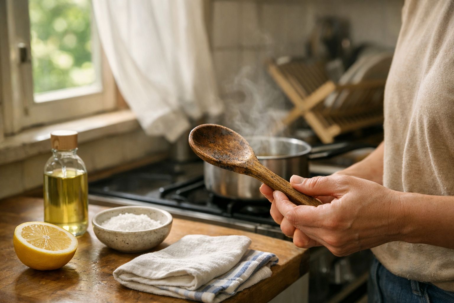 Pessoa mexe panela de ferro com colher de madeira numa cozinha, com limão e azeite ao lado da janela.