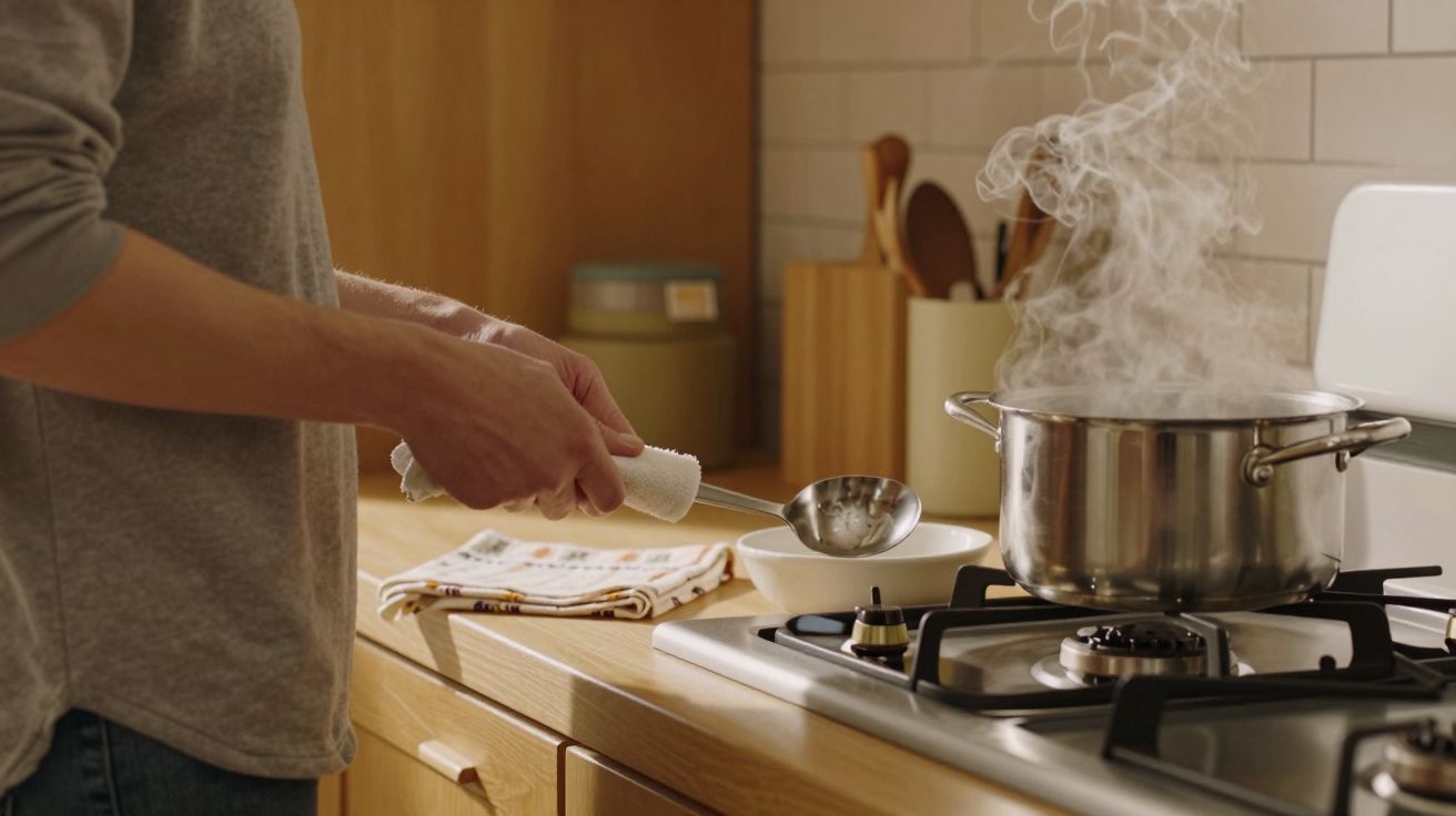 Pessoa serve sopa de panela a ferver num fogão de cozinha, usando uma colher de concha e uma toalha na mão.