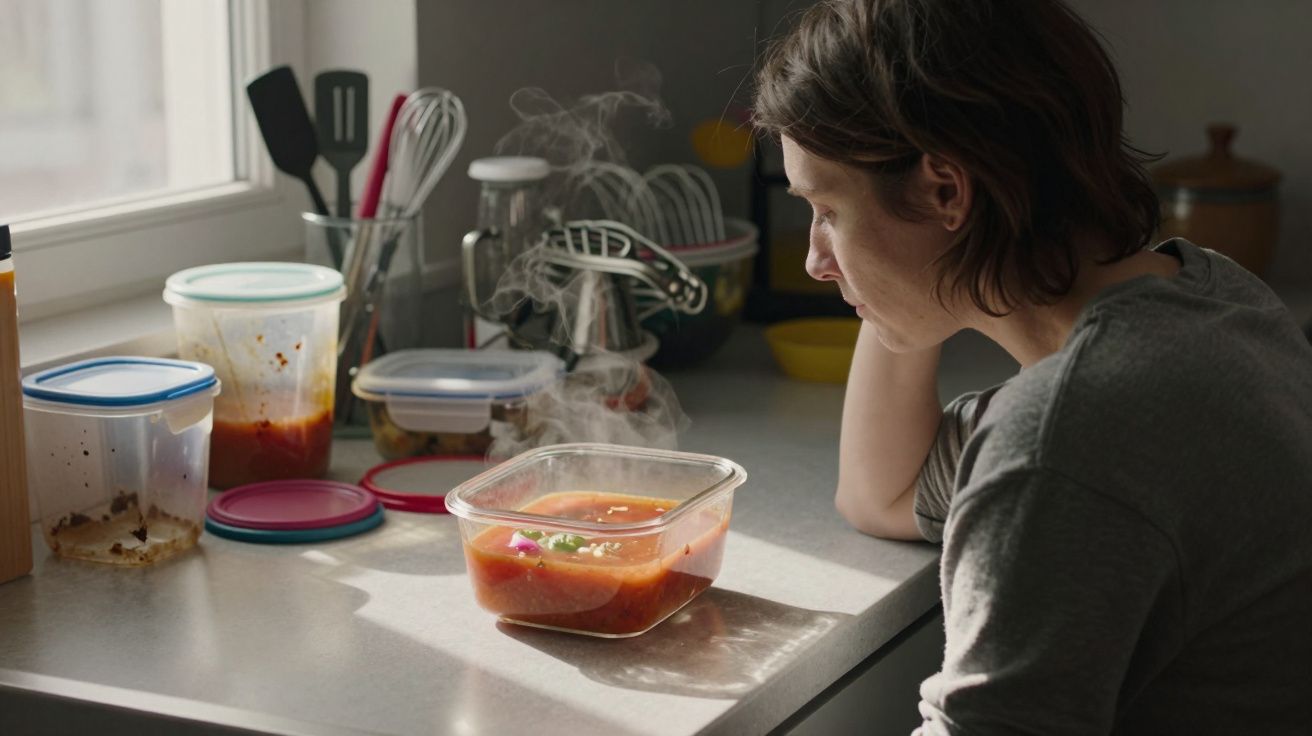 Pessoa observa sopa quente num recipiente na bancada da cozinha, ao lado de outros recipientes com comida.