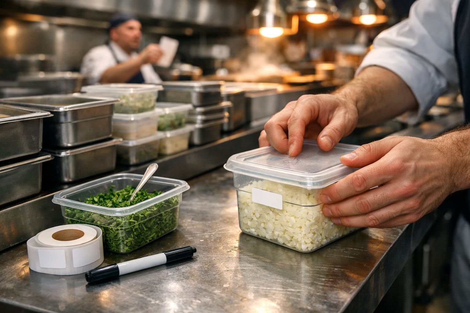 Cozinheiro organiza recipientes de plástico com ingredientes cortados numa cozinha profissional.