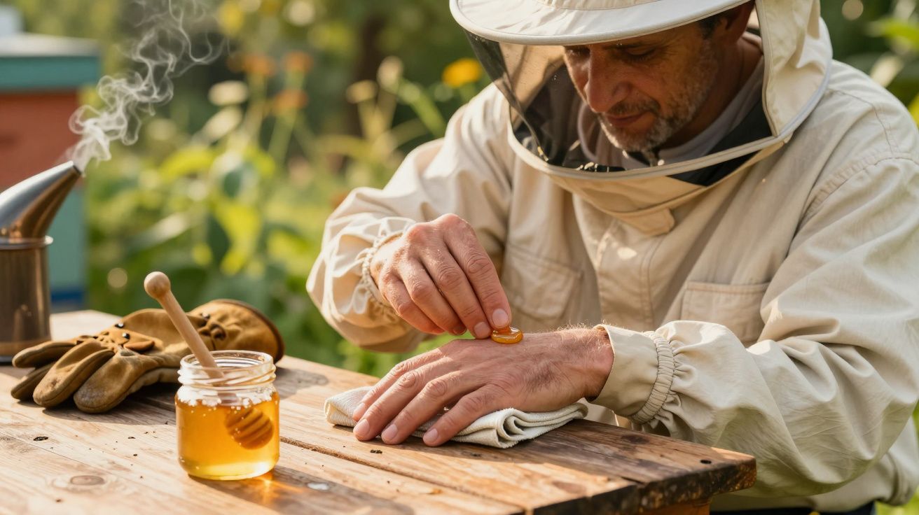Apicultor aplica mel na mão com colheres de madeira ao ar livre, usando fato de proteção.