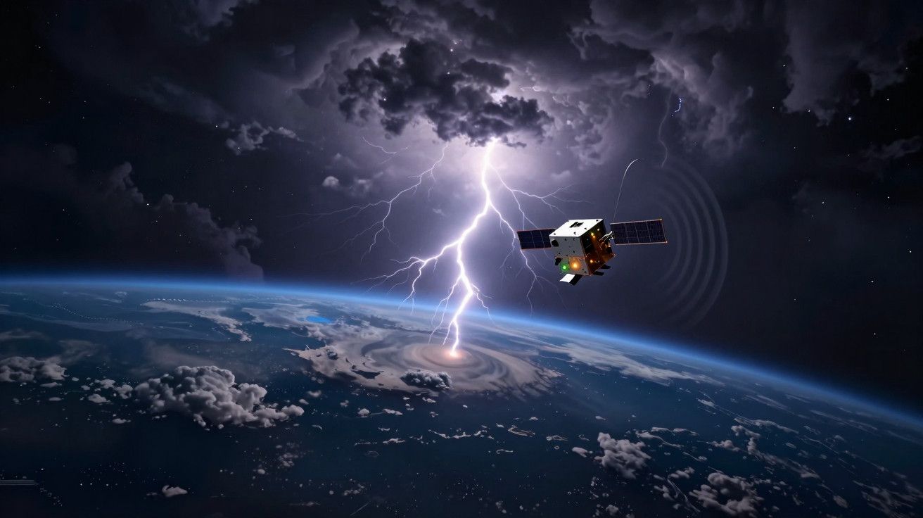 Satélite em órbita acima da Terra com relâmpago iluminando nuvens escuras e um furacão.