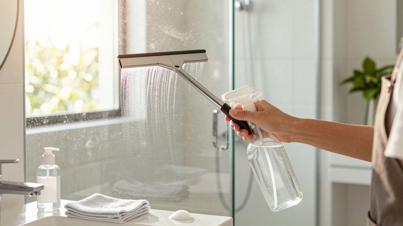 Pessoa a limpar vidro de chuveiro com rodinho e spray num casa de banho iluminada.