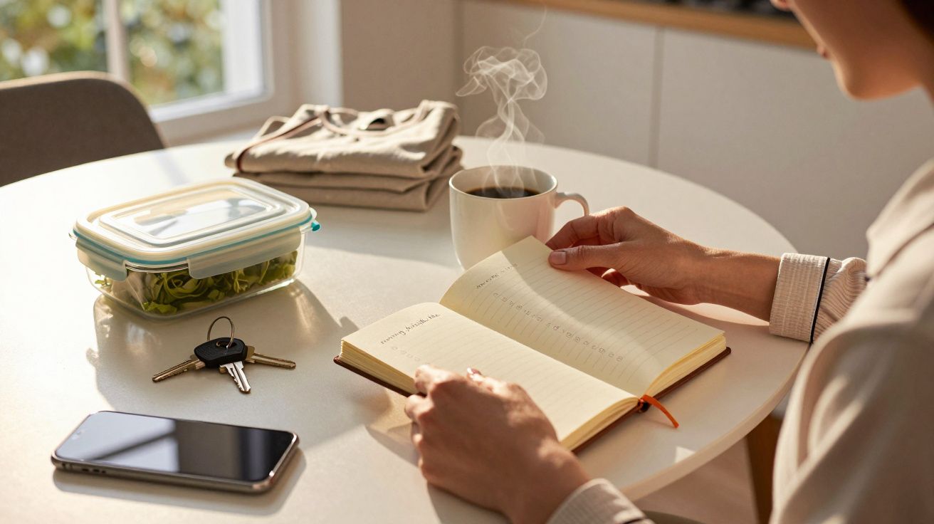Pessoa lê caderno com café, tupperware, chaves e telemóvel sobre a mesa redonda branca, ao lado de janela.