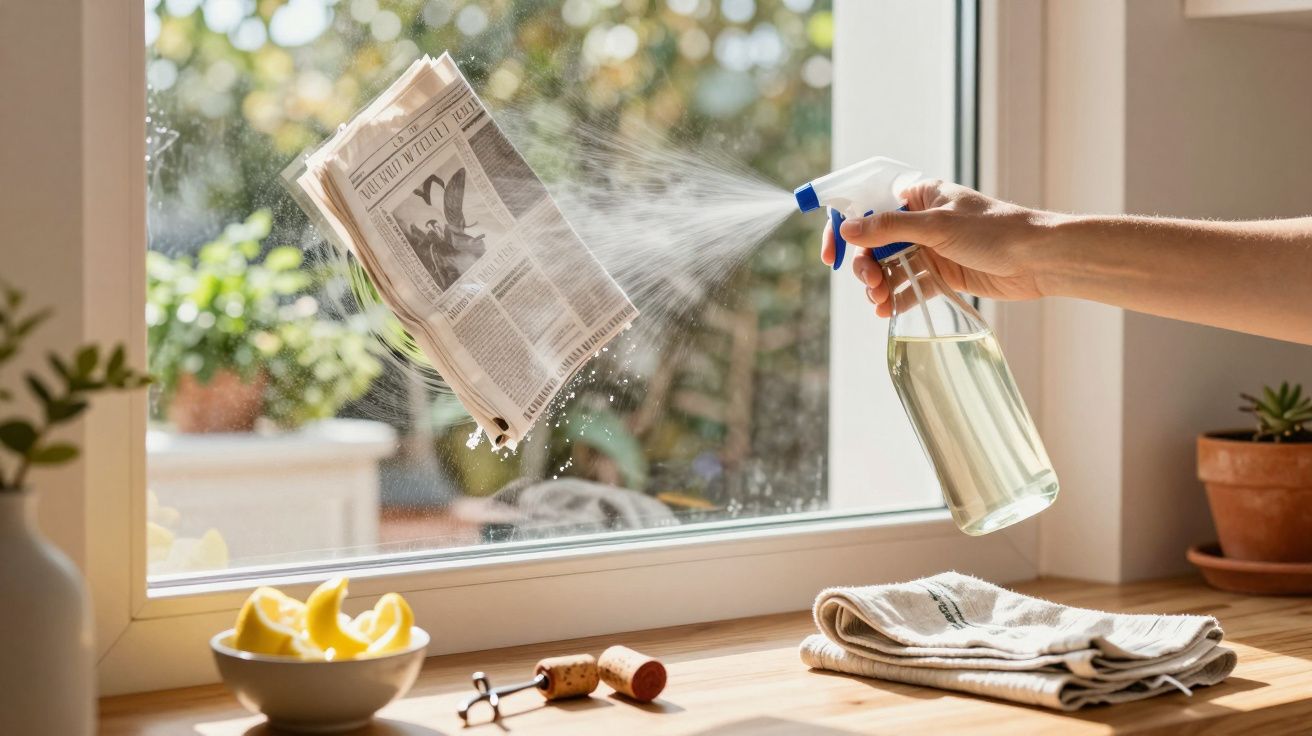 Mão borrifando líquido numa janela, com jornal, limões e plantas no peitoril.