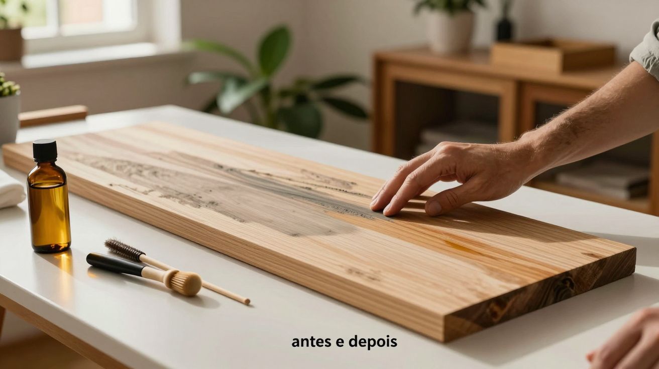 Tábua de madeira com óleo aplicado, mostrando áreas tratadas e não tratadas.