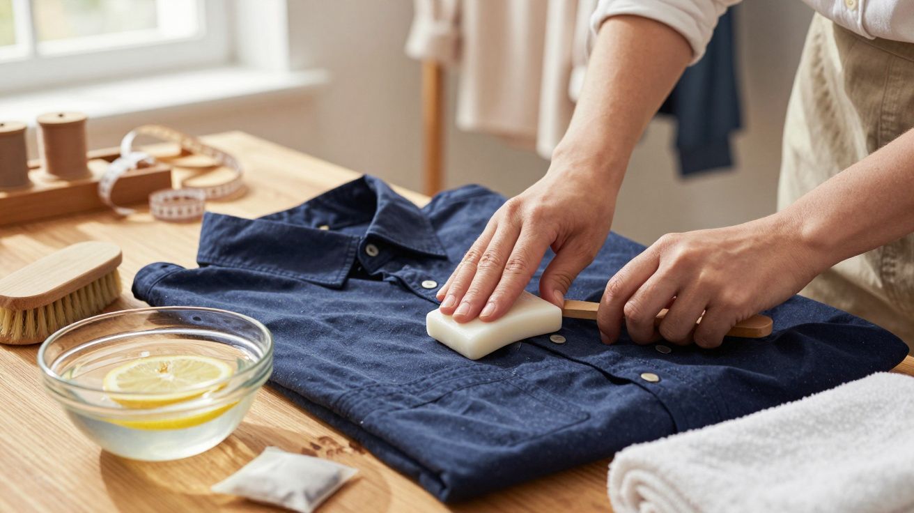 Pessoa a lavar manchas numa camisa azul com sabão em barra, sobre uma mesa de madeira, ao lado de uma tigela com limão.