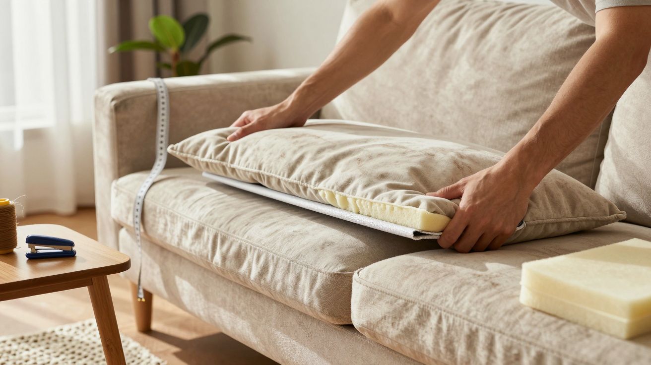 Pessoa a ajustar almofada em sofá bege, com metros de costura ao lado e mesa auxiliar em primeiro plano.