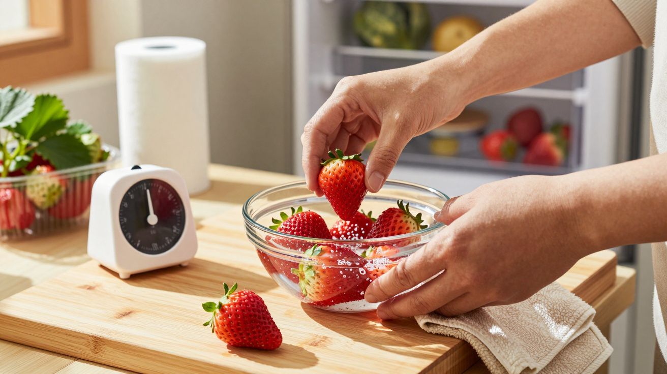 Mãos colocando morangos numa tigela de vidro numa cozinha, com um cronómetro e uma toalha ao lado.