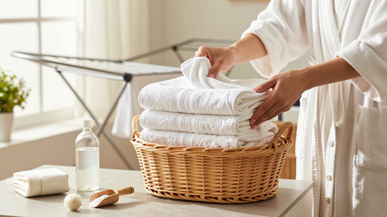 Pessoa a arrumar toalhas brancas dobradas num cesto de verga ao lado de produtos de limpeza, num ambiente iluminado.