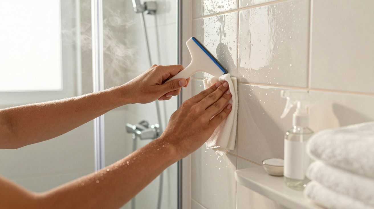 Pessoa a limpar azulejos da casa de banho com um rodo e um pano.