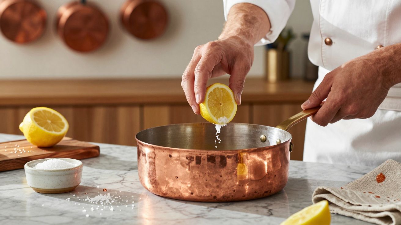 Pessoa despeja sal de uma metade de limão numa panela de cobre sobre mesa de mármore.