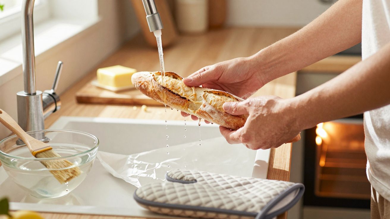 Pessoa molha baguete sob a torneira na cozinha com pão, manteiga e pincel na bancada.