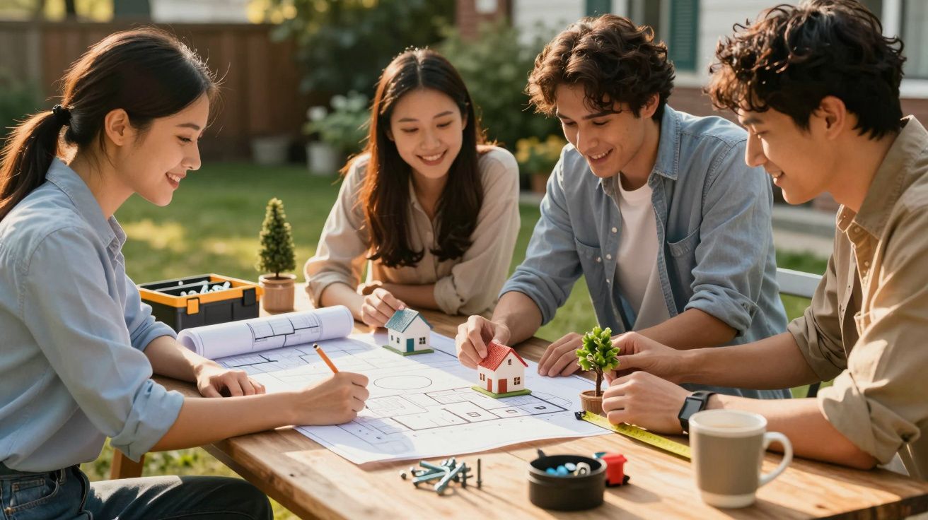 Quatro pessoas discutem um projeto arquitetónico ao ar livre, com uma planta baixa e maquetes de casas sobre a mesa.