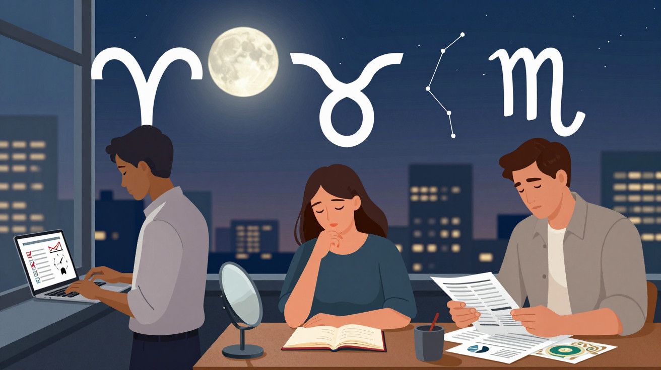 Três pessoas num escritório à noite, com símbolos astrológicos e constelações projetadas no céu.