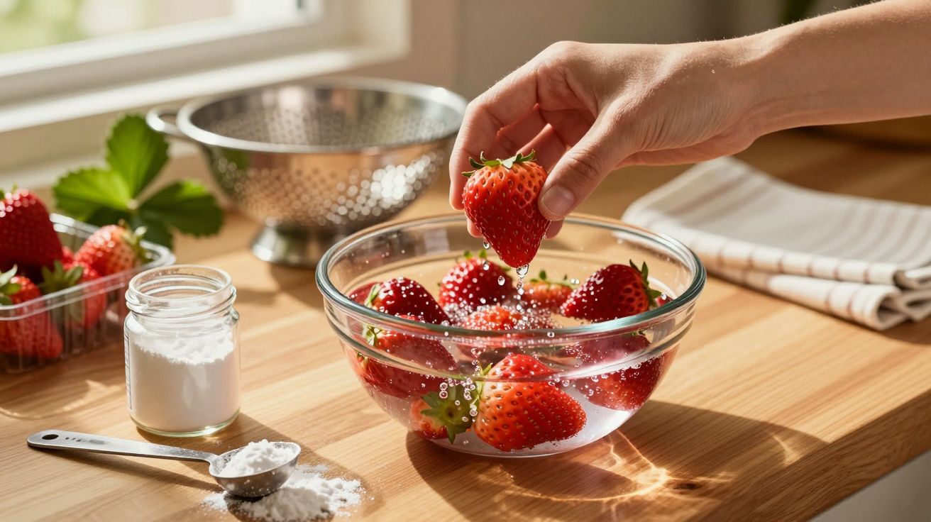 Mão a segurar morango sobre tigela de vidro com morangos em água, numa cozinha iluminada pelo sol.