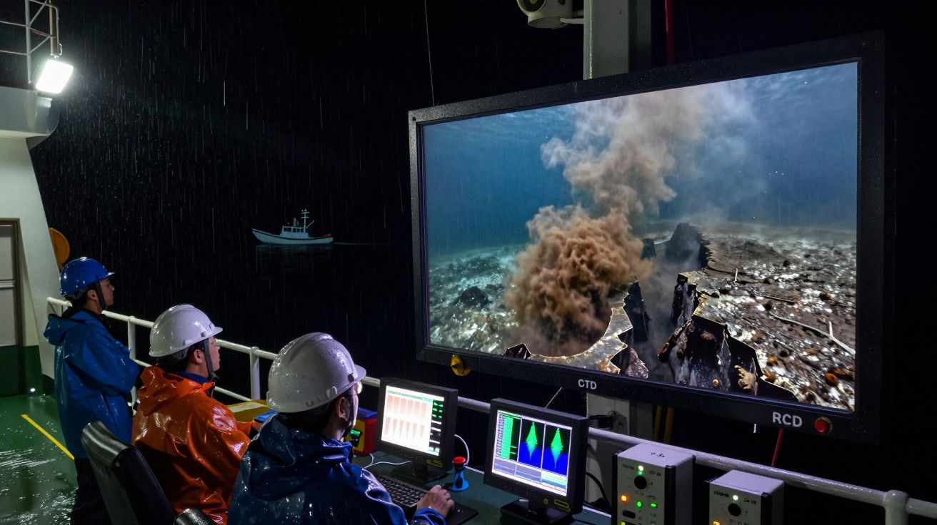 Três pessoas monitorizam erupção vulcânica submarina num ecrã grande a bordo de um navio num cenário noturno chuvoso.