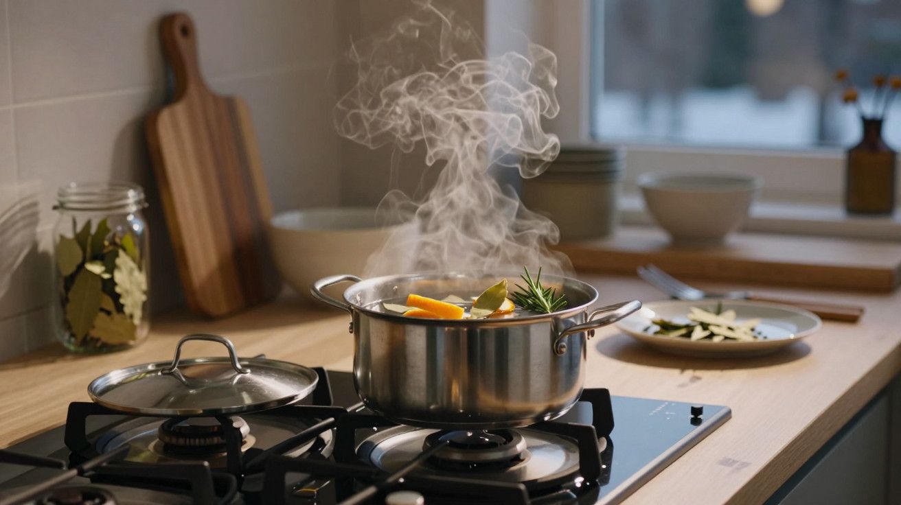 Panela de aço inoxidável com legumes a ferver em fogão a gás numa cozinha, com vapor visível.