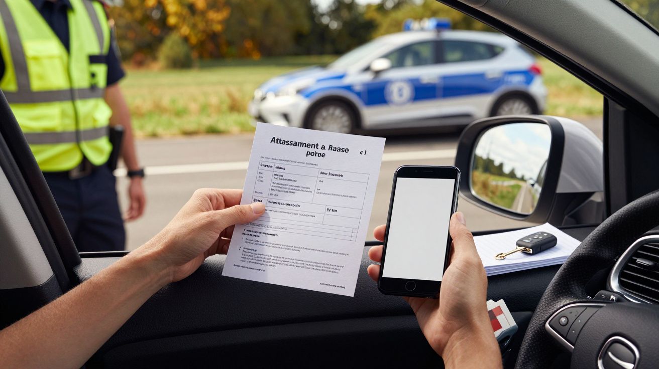 Pessoa em carro segurando um documento e um telemóvel, com um polícia e carro patrulha ao fundo.