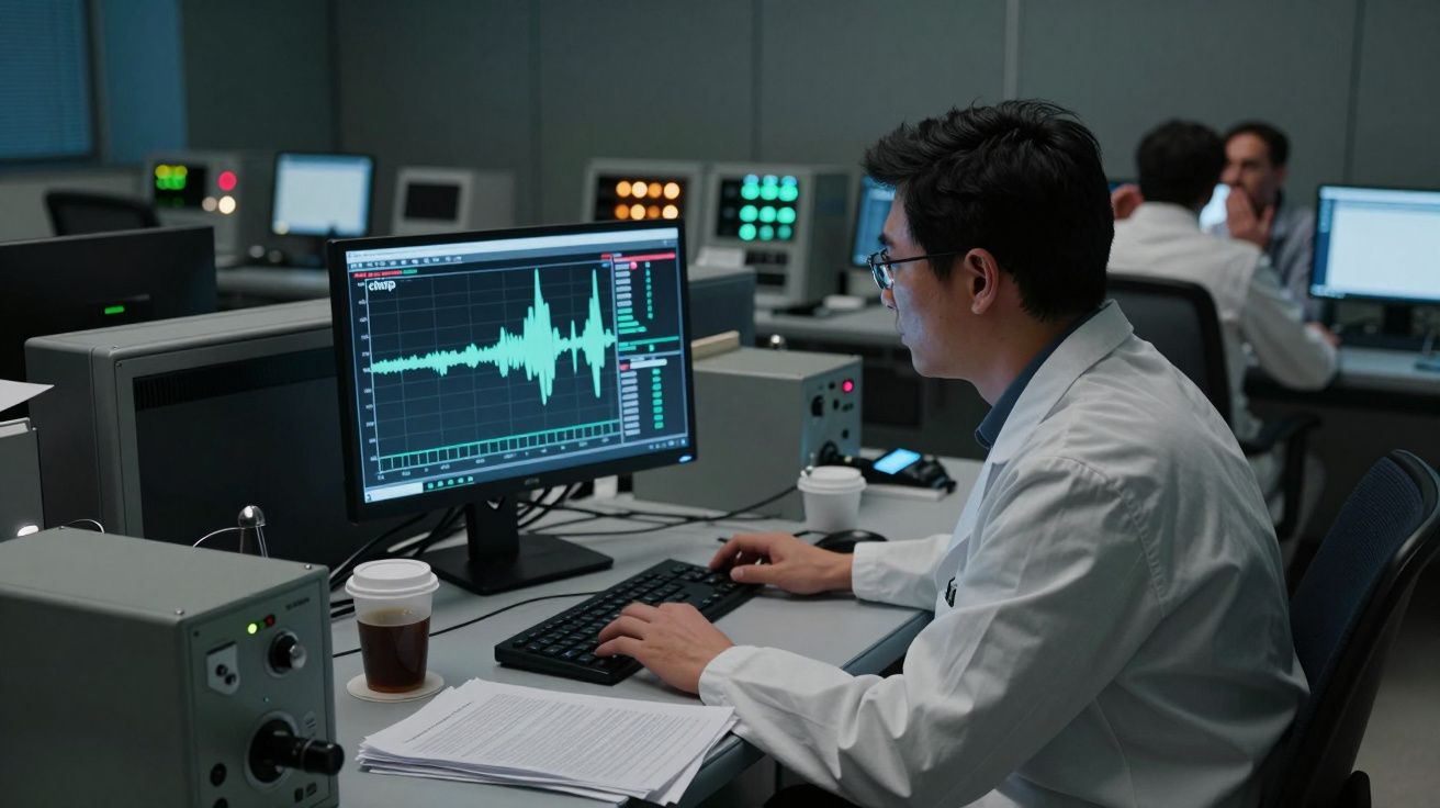 Cientista analisa dados em monitor com gráfico de ondas sonoras, num laboratório com vários equipamentos eletrónicos.