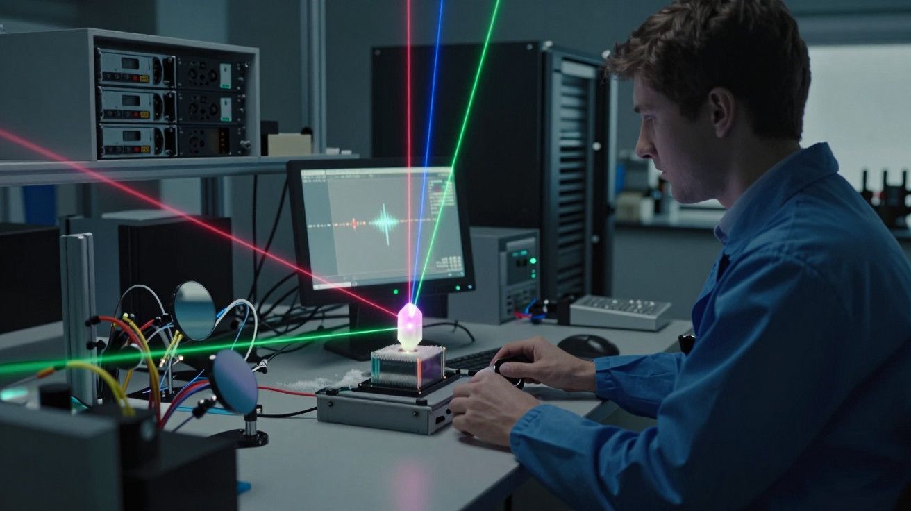 Homem em laboratório com lasers coloridos e computador.